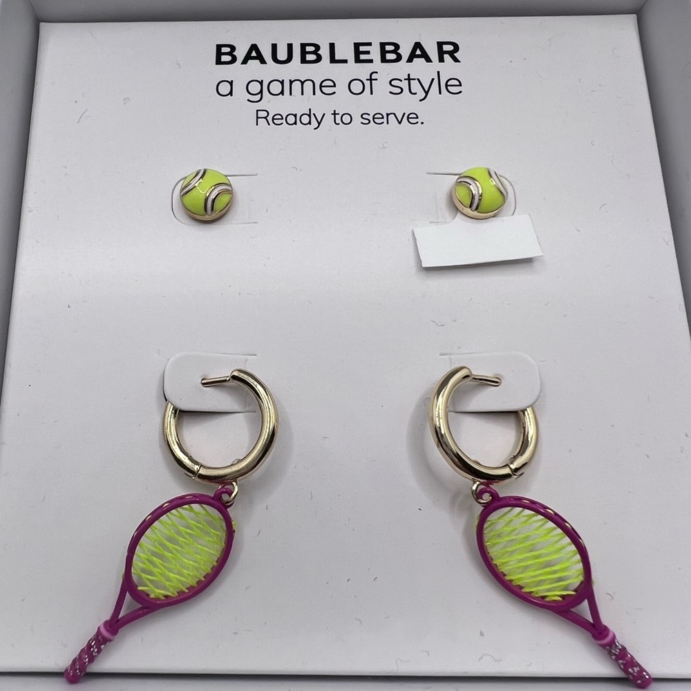 New BaubleBar Tennis A Game of Style Ready to Serve Earrings Set Racquet Ball - Picture 2 of 4